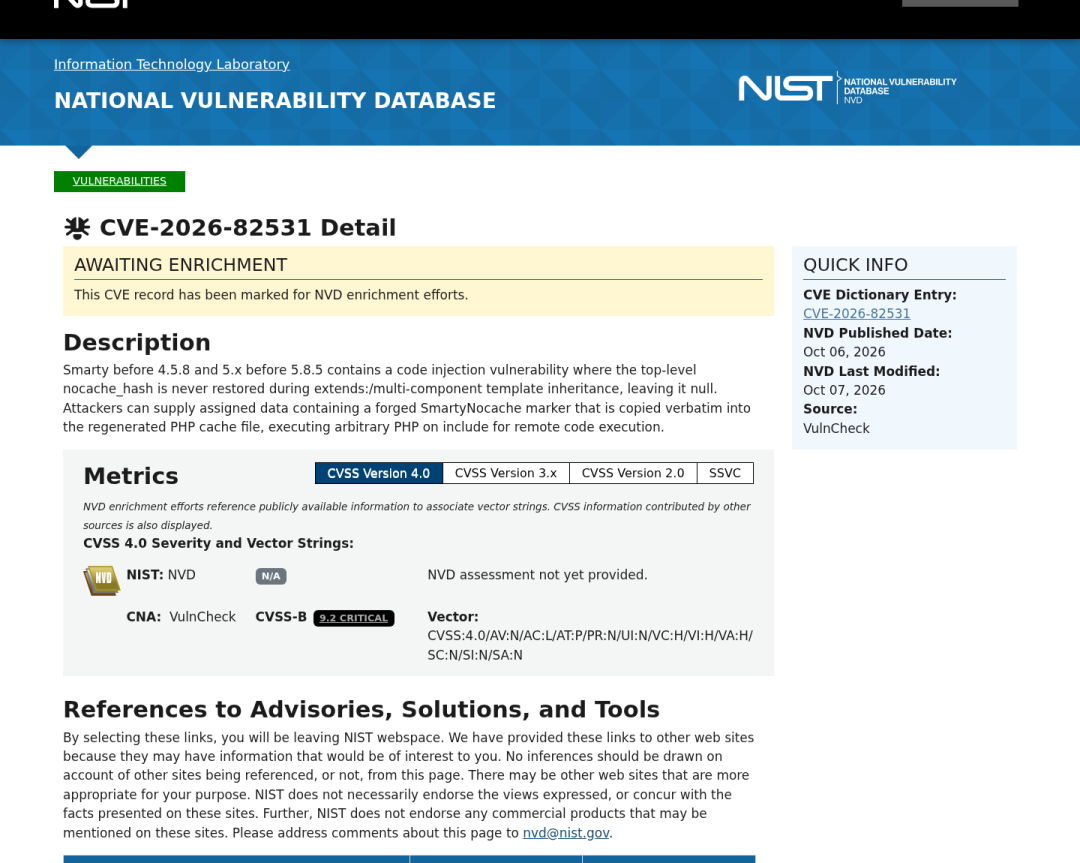 NVD 收录页:CVE-2026-82531,CVSS 4.0 9.2 / 3.1 8.1